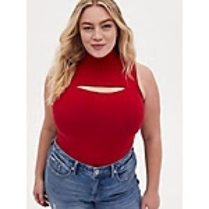 SOLD—2X -Red Cutout mock neck foxy tank
